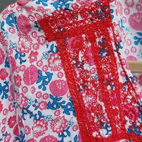 Behind the Seams Red/Blue Boho Bat Wing Peasant Top ck measurements - Picture 5 of 11
